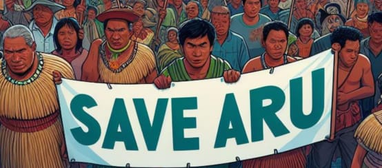 Gemälde von Menschenmasse mit Poster "Save Aru", im Hintergrund Meer und Schiffe