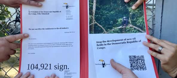Gemeinsam schützen wir den Regenwald (© Stefanie Hess) Hände auf der Petition 1261 vor der Botschaft der DRC in Berlin