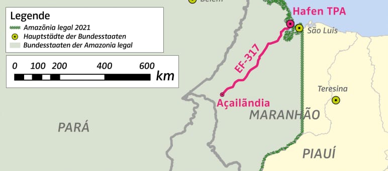 Karte mit Lage des Hafens TPA und der Gütereisenbahn EF-317 im Amazonasgebiet in Brasilien