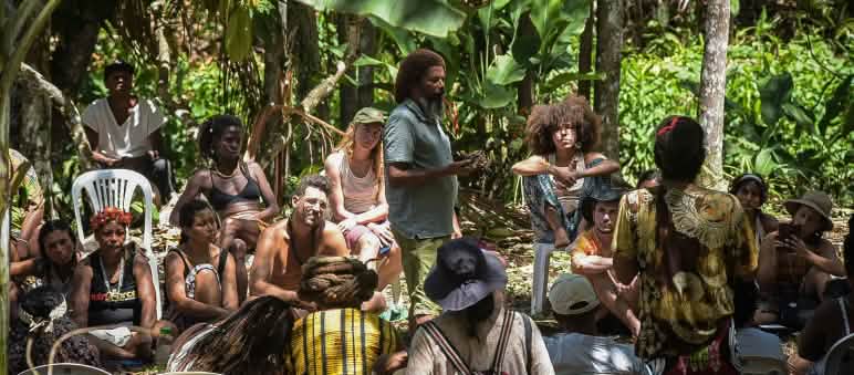 Eine Gruppe von Personen unterhált sich unter den grossen Blättern von Bananenstauden