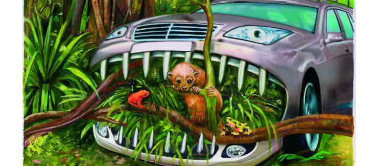 Auto frisst Regenwald und Tiere Frosch Affen