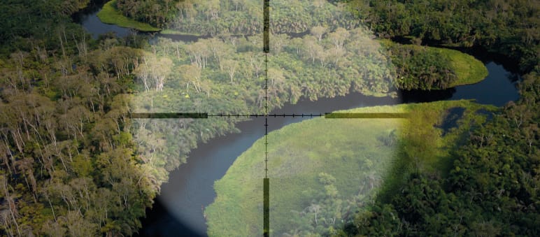 Die Naturschätze am Kongo wecken schon seit Jahrzehnten Begehrlichkeiten durch Regierungen und Konzerne Der Kongo-Fluss windet sich durch den Urwald - über dem Bild liegt ein angedeutetes Fadenkreuz