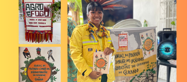 Eine junge indigene Frau mit Federkrone und gelber Sicherheitsjacke präsentiert das Handbuch zur Brandbekämpfung von Agro é Fogo