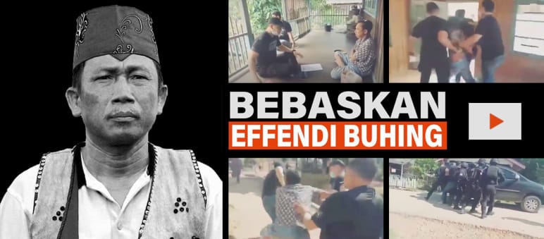 Freiheit für Effendi Buhing, den traditionellen Führer der Dayak Tomun von Kinipan auf Borneo Freiheit für Effendi Buhing! Fotomontage