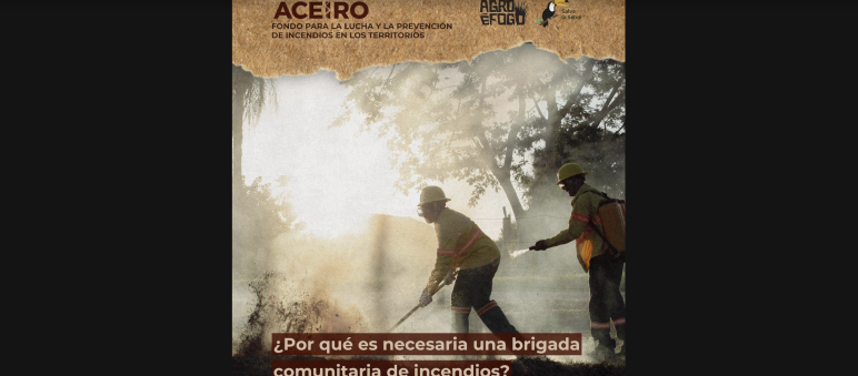 Poster mit Foto des Waldbrandbekämpfungsfonds Aceiro von Agro é Fogo und Rettet den Regenwald: Warum sind gemeinschaftliche Brigaden zur Feuerbekämpfung notwendig?