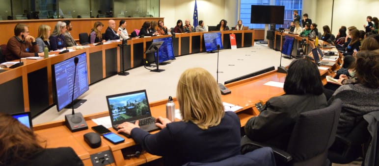 Die Umweltschützer:innen und Zuhörer:innen im Sitzungssaal der EU mit Oval von zwei Reihen gegenüber liegenden Konferenztischen