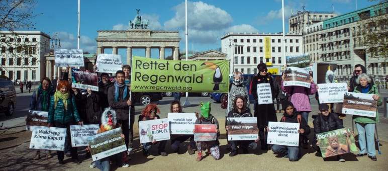Demonstration von Rettet den Regenwald und Umweltschützern aus Indonesien gegen Biodiesel aus Palmöl anlässlich des Besuchs des indonesischen Präsidenten Joko Jokowi in Berlin 2016. Demo-Jokowi-Berlin