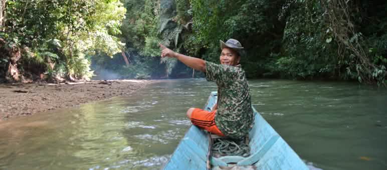 Der Sungai Lijan schlängelt sich durch üppigen Regenwald. Mittendrin liegen die Langhäuser der Iban. Früher wurden sie aus Holz gebaut, heute verwenden die Einheimischen Zement, um den Wald auf der Insel Borneo zu schonen Ein Mann an der Spitze eines kleinen Bootes zeigt begeistert den Regenwald