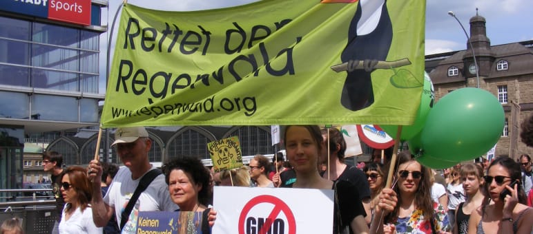 Die hamburger Regionalgruppe von Rettet den Regenwald hält auf einer Demo gegen Monsanto ein Banner und Plakate in die Höhe.