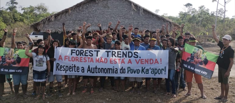 Eine Gruppe von Indigenen protestiert mit Bannern vor einer mit Palmenwedeln überdachten Hütte
