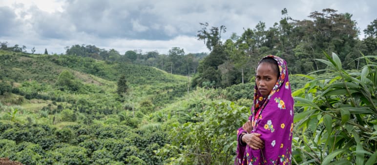 Im Dezember 2017 wurden der Ehemann und der Vater von Mirivic Tarsila Danyan von der Armee getötet, weil sie das Land der Gemeinde gegen die Ausweitung der Kaffeeplantagen auf den Philippinen verteidigten. (© Thom Pierce/Guardian/Global Witness/UN Umwelt) Umhüllt von einen Tuch steht Mirivic 'Tarsila' Danyan auf einer Rodung im Regenwald auf den Philippinen
