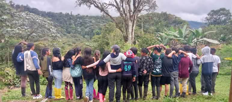 Schülerinnen und Schüler bei der Umweltbildung in Los Cedros Etwa Zwanzig in einer Reihe aufgestellte Jugendliche schauen auf den Regenwald von Los Cedros