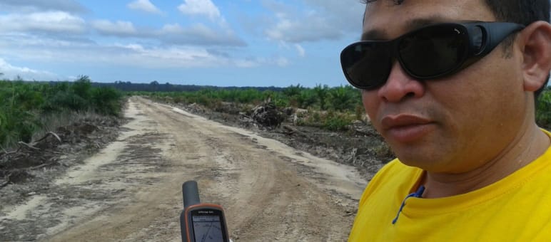 Umweltschützer Matek ist weiter unterwegs, um illegale Aktionen zu dokumentieren Matek Geram mit GPS-Gerät auf einer Palmöl-Plantage