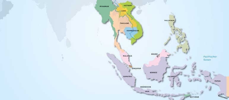 In 11 Ländern Südostasiens wachsen tropische Regenwälder: Brunei, Indonesien, Kambodscha, Laos, Malaysia, Myanmar, Osttimor, Philippinen, Singapur, Thailand und Vietnam Karte Südostasien