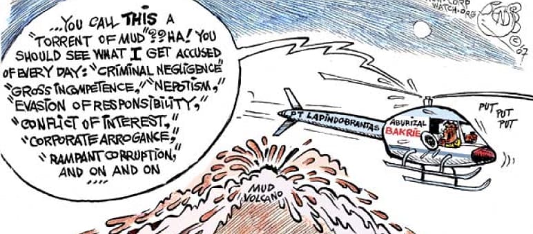 Cartoon zur Verantwortung des Unternehmers und Ministers Bakrie wegen des Schlammvulkans in Sidoarjo