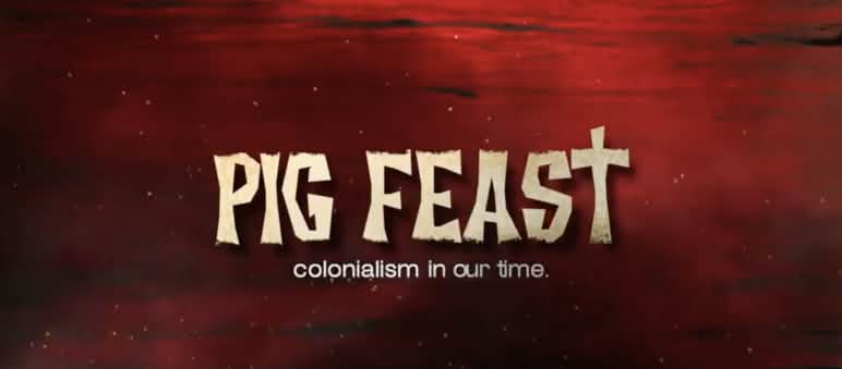 Text Pig Feast vor rotem Hintergrund