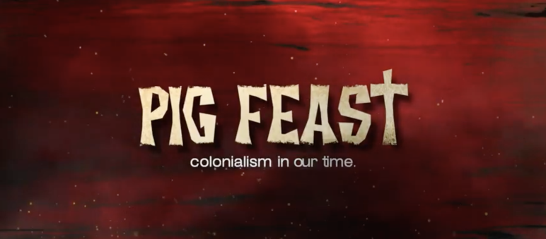 Text Pig Feast vor rotem Hintergrund