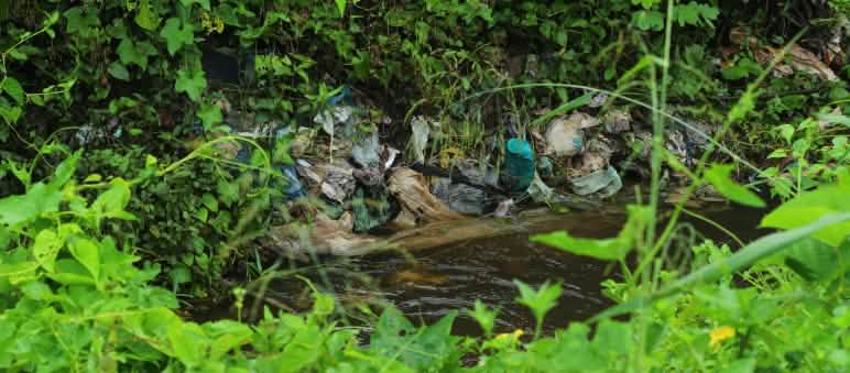 Giftiger Müll aus der nahen Stadt Umweltverschmutzung am Flussufer