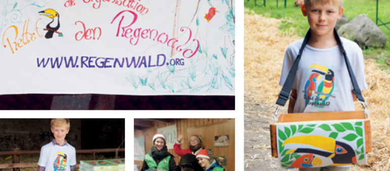Für Regenwald-Spenden unterwegs sind Manuel (u. l.) und Jano (ganz rechts). Bei der Weihnachtstombola sind auch Jola und Mira dabei. Und Gorilla Tom Buddha Collage Familie Drews