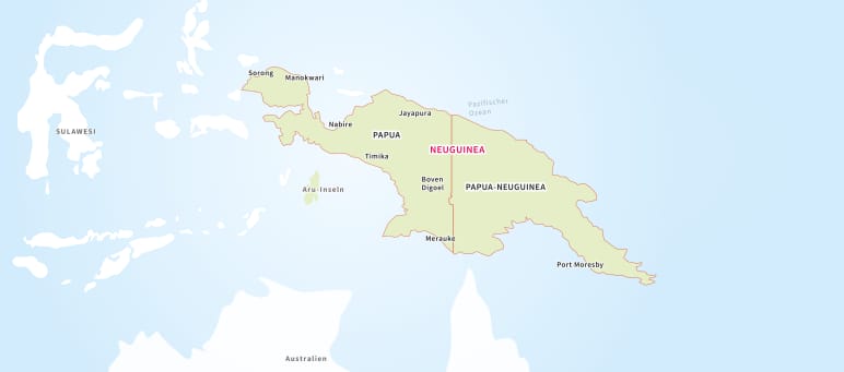 Die Insel Neuguinea ist zweigeteilt: Der Westen gehört zu Indonesien, der Osten ist der unabhängige Staat Papua-Neuguinea Karte Neuguinea
