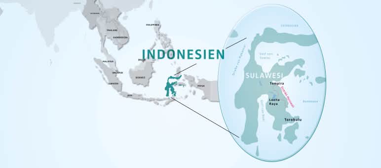 Morowali ist Zentrum der Nickelindustrie. Um Loeha Raya und Torobulu fressen sich Minen bis in den Regenwald Karte Sulawesi