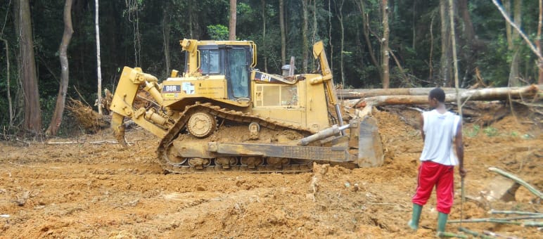 Jetzt ruhen die Bulldozer im Regenwald Eine Person steht vor einem Bulldozer inmitten von aufgewühltem roten Boden im Regenwald