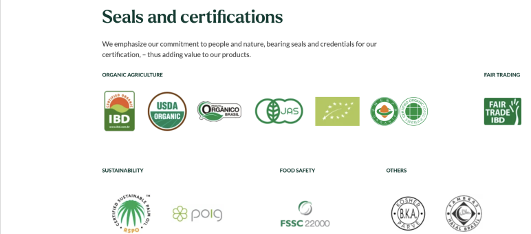 Bildschirmfoto von der Webseite von Agropalma mit den Logos der verschiedenen der Firma erteilten „Siegeln“