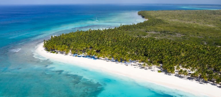 Die von Korallenriffen umgebene Tropeninsel Saona ist Teil des Nationalparks Cotubanamá Luftaufnahme von tropischen Insel Saona mit Kokospalmen und türkisfarbenem karibischen Meer