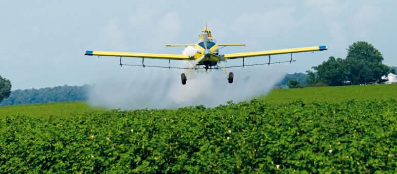 Über den Monokulturen werden große Mengen Herbizide versprüht Ein Sprühflugzeug nebelt ein Sojafeld mit Pestiziden ein