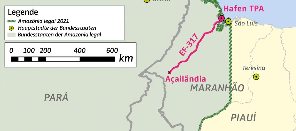 Karte mit Lage des Hafens TPA und der Gütereisenbahn EF-317 im Amazonasgebiet in Brasilien