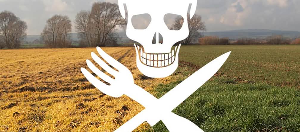 Die giftigen Rückstände glyphosathaltiger Herbizide sind vom Acker auf unseren Tellern angekommen Ein Totenkopfprint mit Besteck-Knochen über den toten Feldern