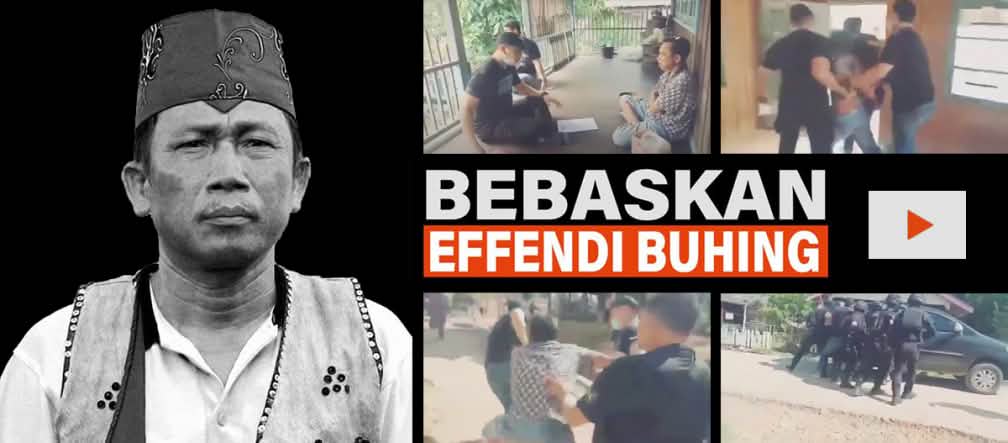 Freiheit für Effendi Buhing, den traditionellen Führer der Dayak Tomun von Kinipan auf Borneo Freiheit für Effendi Buhing! Fotomontage