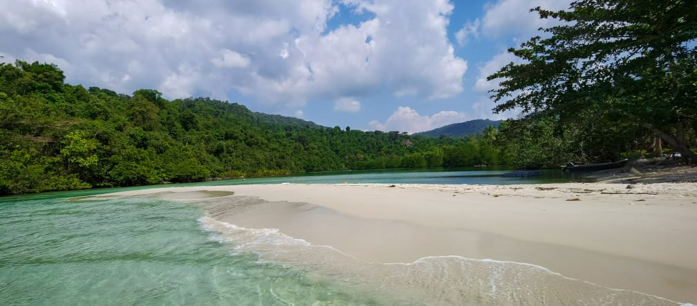 In einer Lagune überspülen Wellen einen Strand, im Hintergrund Wald
