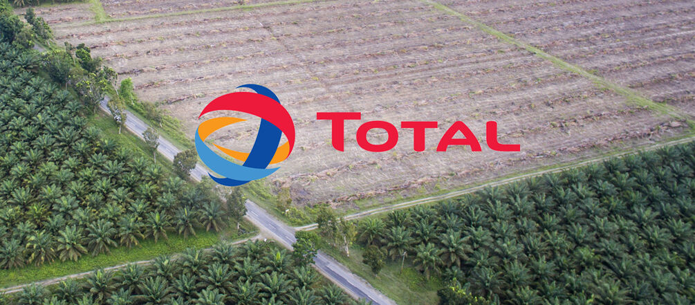 Biosprit aus Palmöl führt zur Rodung der Regenwälder Palmöl Plantagen in Süd-Sulawesi, Indonesien + Logo Total