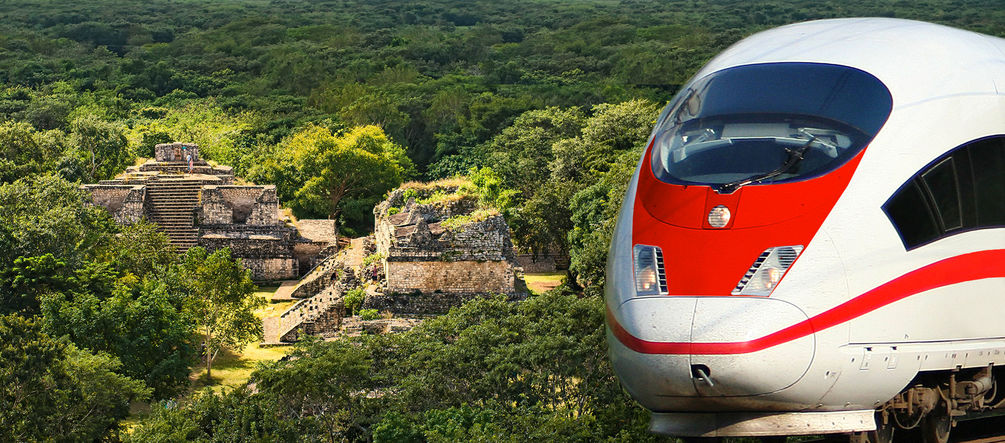 Mit bis zu 160 km/h durch den mexikanischen Regenwald? Collage Zug DAV - Maya-Ruinen Ek Balan in Yucatán