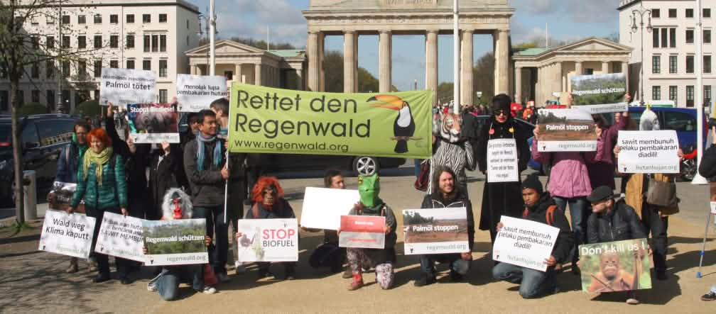 Regenwaldaktion in Berlin Regenwald Demo - 18. April 2016 - RdR vor Brandenburger Tor