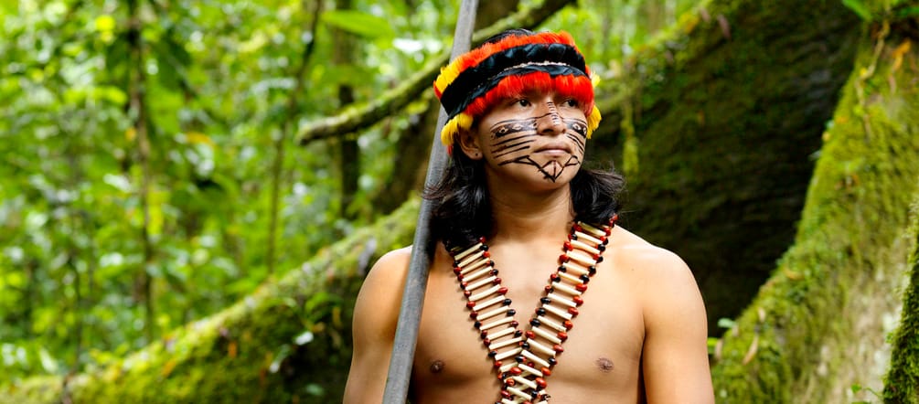 Der Amazonas-Regenwald beschert den indigenen Völkern alles, was sie zum Leben brauchen Ein mit Federn geschmückter und im Gesicht bemalter Indigener steht mit einem Blasrohr im Regenwald