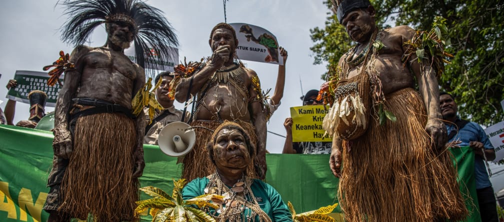 4 indigene Papua in traditioneller Kleidung vor Banner
