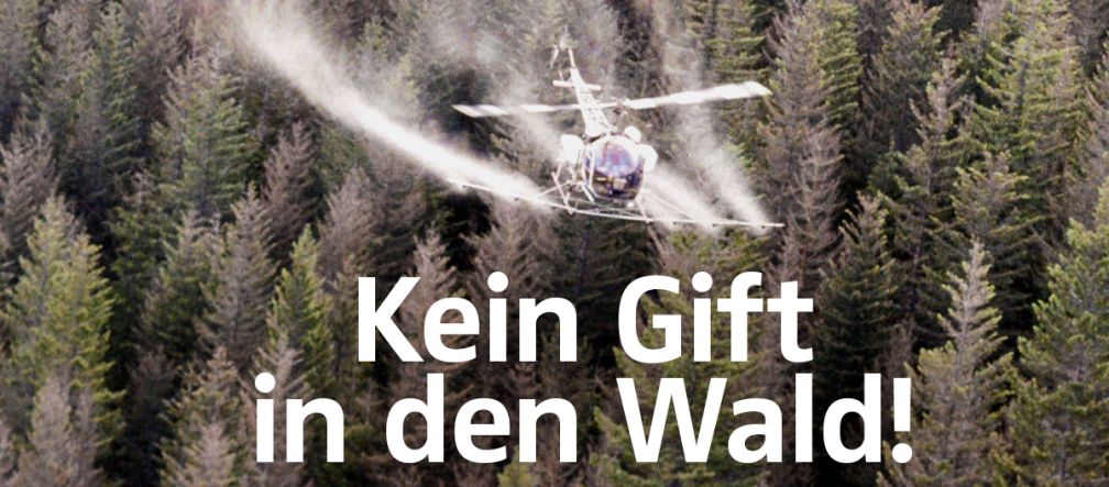 Pestizideinsatz per Hubschrauber Pestizideinsatz per Hubschrauber im Wald + Text "Kein Gift in den Wald"