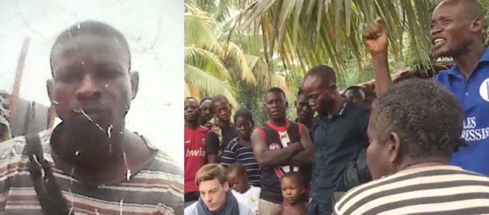 In Mai/Juni 2019 hat Joël Imbangola (links) an Treffen zwischen Dorfbewohnern und Vertretern der deutschen Entwicklungsbank DEG teilgenommen (rechts) Aktivist Joël Imbangola Lunea (RIAO-RDC)