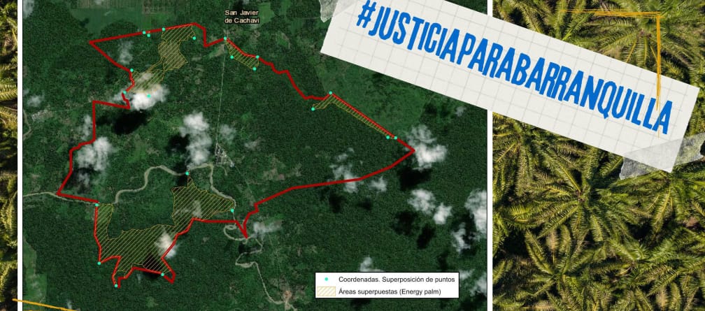 In einem Satellitenfoto ist die Überschneidung der Landflächen markiert. Darüber steht "Justiz für Barranquilla"