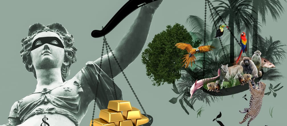 Privatjustiz wägt zwischen Goldmine oder Regenwald ab In Justicias Hand die Waagschalen mit Gold auf der einen und Regenwald auf der anderen Seite. Das Gold ist schwerer.