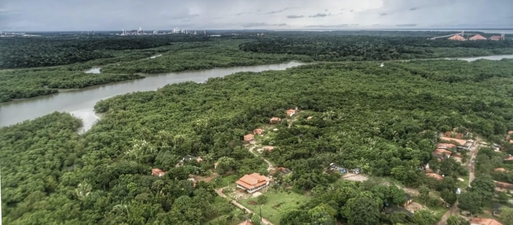 Luftaufnahme von Häusern zwischen Bäumen und dahinter ein Fluss mit Mangrovenwald an den Ufern