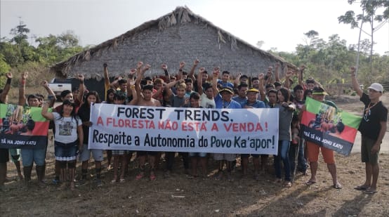 Eine Gruppe von Indigenen protestiert mit Bannern vor einer mit Palmenwedeln überdachten Hütte