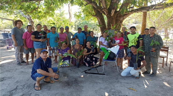Gruppenbild von 20 Personen eines Seminars des Forum Carajas unter einem Baum