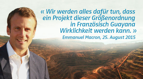 Collage: Emmanuel Macron vor Goldmine in Französisch Guayana