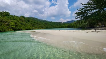 In einer Lagune überspülen Wellen einen Strand, im Hintergrund Wald