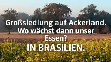 Feld + Text "Großsiedlung auf Ackerland. Wo wächst dann unser Essen? IN BRASILIEN."