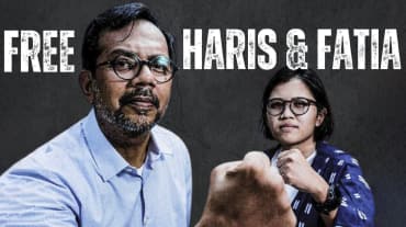 Haris Azhar und Fatia Maulidiyanti vor schwarzem Hintergrund