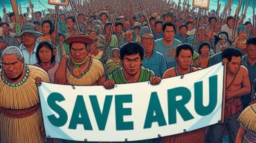 Gemälde von Menschenmasse mit Poster "Save Aru", im Hintergrund Meer und Schiffe